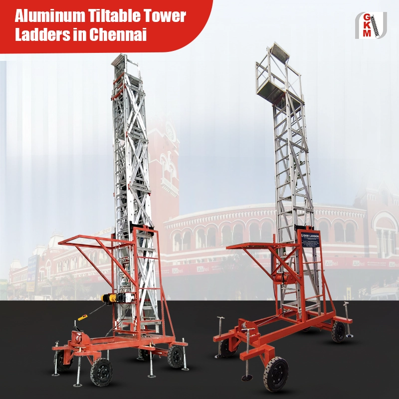 Tiltable tower ladder for industrial use in Chennai with platform, wheels, and secure locking system
